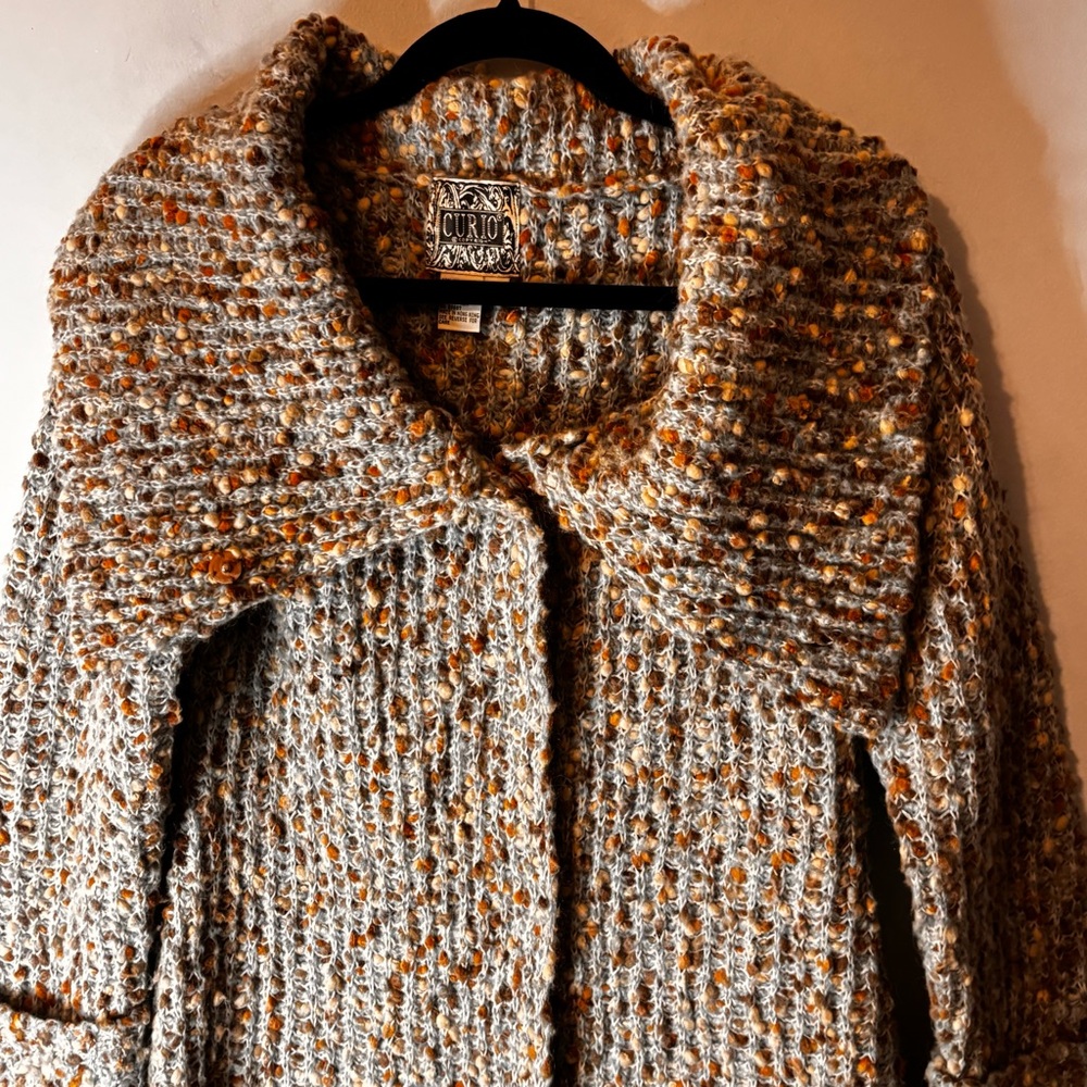 Curio Button Up Cardigan Sweater Size Small Blue Brown Chunky Knit Cowl Neck - Picture 2 of 11